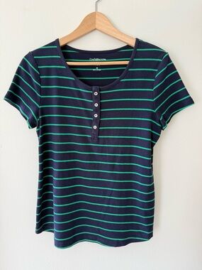 Croft & Barrow Navy Green Striped Short Sleeve Henley Classic Preppy T-Shirt